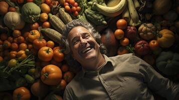 A man smiling in front of a pile of vegetables photo