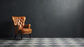 An empty chair in front of a black wall photo