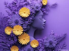 Paper cut portrait of a girl with flowers on a purple background photo