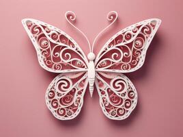 Paper butterfly on pink background, top view. photo