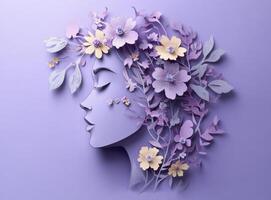 Paper cut portrait of a girl with flowers and leaves on a purple background photo