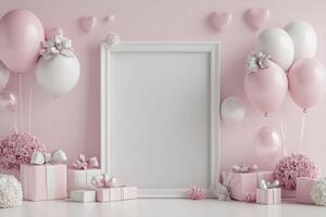 Pink background with balloons and gift boxes photo