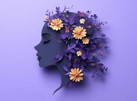 woman face with flowers and leaves on purple background photo