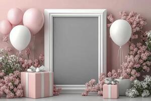 Blank frame mockup with pink and white balloons, gift boxes and flowers photo