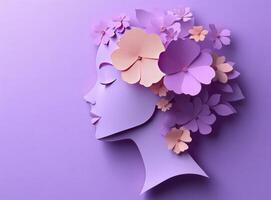 Paper face with flowers on purple background, closeup. Space for text photo