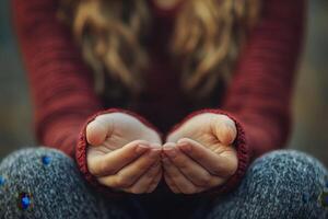 Closeup of woman hands in warm woolen sweater photo