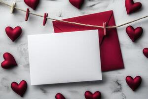 Valentines day greeting card with red hearts and envelope on wooden background photo