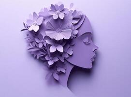 Paper cut of a woman's head with flowers on a purple background photo