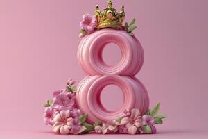 8 March. International Women's Day. Pink number eight with golden crown and flowers on pink background photo