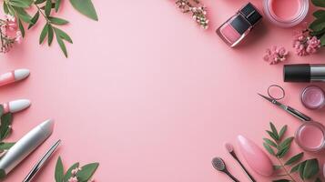 Flat lay composition with decorative cosmetics on pink background photo