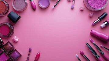 Decorative cosmetics on pink background. Top view, flat lay. photo