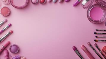 Cosmetics on a pink background. Top view, flat lay. photo