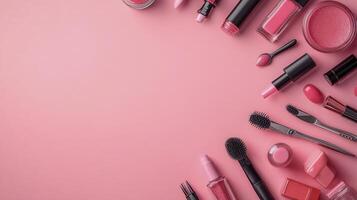 Makeup cosmetics and tools on pink background photo