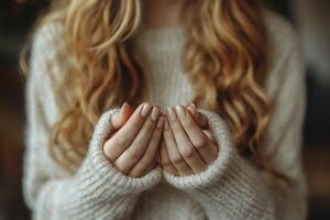 female hands in a white sweater photo