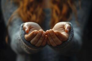 Closeup of woman hands in warm woolen sweater photo