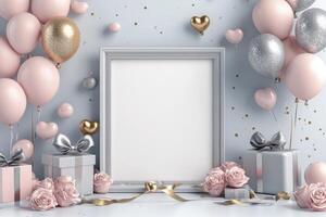 Blank frame with pink balloons and gifts on a gray background photo