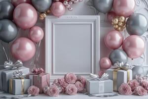 Pink and silver balloons and gifts in a white frame photo