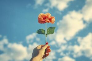 Hibiscus flower in hand on blue sky with clouds background photo
