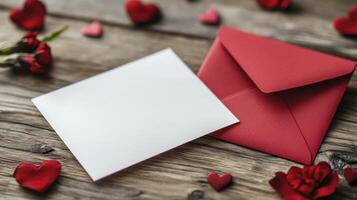 Red hearts and envelope on wooden background photo