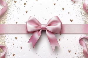 Pink ribbon and bow on white background. Valentine's day photo