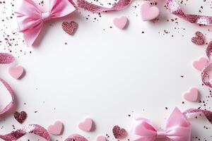 Top view of hearts and ribbons on white background photo