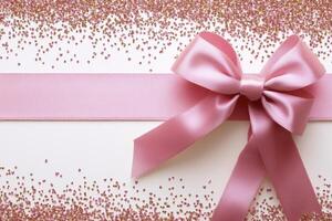 Pink ribbon bow and confetti on white background photo