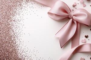 Pink ribbon and confetti on white background photo