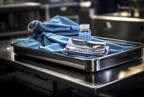 A sterile surgical steel tray with tools for medical procedures. photo