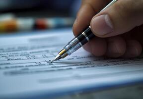 A Close-up of a Hand Signing a Document with a Fountain Pen photo