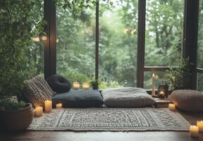 A Cozy Window Seat with Candles and Pillows for Relaxation photo