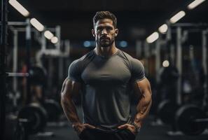 A Determined Bodybuilder Stands Ready in the Gym. photo