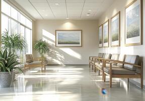 Modern Waiting Area with wooden chairs and artwork, photo