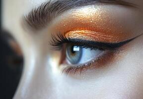 Close-up of a woman's eye with orange eyeshadow and glitter. photo