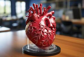 Red human heart model on a wooden surface. photo