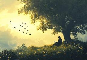 A Woman Reading Under a Tree in a Field of Flowers photo
