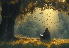 woman reading under a tree surrounded by a magical swarm of butterflies in a forest setting. photo