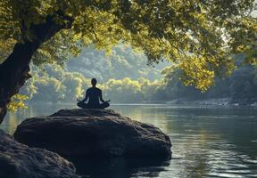 A women finds peace while meditating by the tranquil lake under a large tree. photo