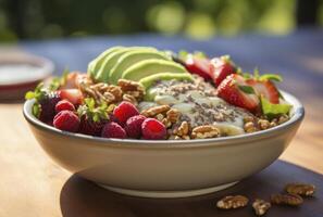 A Bowl of Fresh Fruit, Nuts, and Cream for a Delicious and Healthy Breakfast photo
