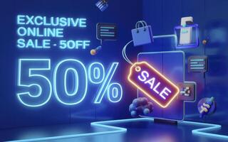 Exclusive Online Sale Sign with Glowing Neon Lights. photo