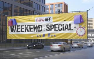 Weekend Special Banner Hangs Above Busy City Street photo