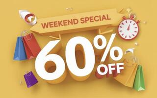 Weekend Special Offers 60 Off with sale elements On Yellow Background photo