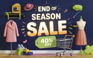 End of Season Sale Banner with 3D Clothes and Shopping Cart. photo