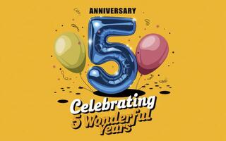 Celebrate 5 Wonderful Years with Balloons and Confetti on yellow background photo