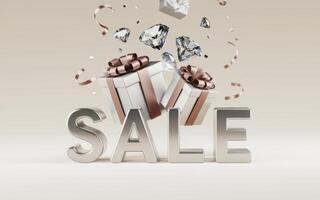 white gift boxes with pink ribbons, sparkling diamonds, and confetti around a metallic SALE text photo