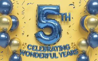 Celebrate a special 5th anniversary with this festive icon featuring a blue balloon number five and gold and blue balloons on a vibrant yellow background. photo