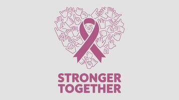 Breast Cancer Awareness Month Campaign. Pink Ribbon in Heart Shape with text stronger together on white background photo