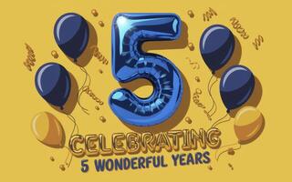 Celebrate a special 5th anniversary with this festive icon featuring a blue balloon number five and gold and blue balloons on a vibrant yellow background. photo