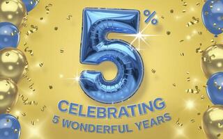 Celebrate a special 5th anniversary with this festive icon featuring a blue balloon number five and gold and blue balloons on a vibrant yellow background. photo