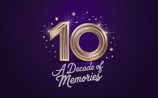 10 years anniversary celebration logotype with golden stars and sparkles on purple background. photo
