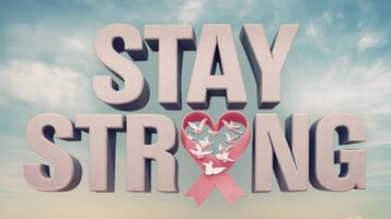 Stay Strong message with heart and ribbon on sky background. Breast cancer awareness campaign concept. photo